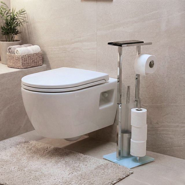 WC-papírtartó és WC-kefe állvány telefonállvánnyal HYLLA, 65 cm, ezüst