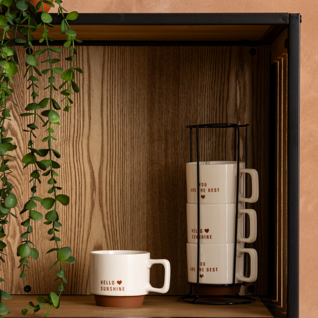 4 darabos porcelán bögre szett HELLO, fém állvánnyal, 4 x 300 ml