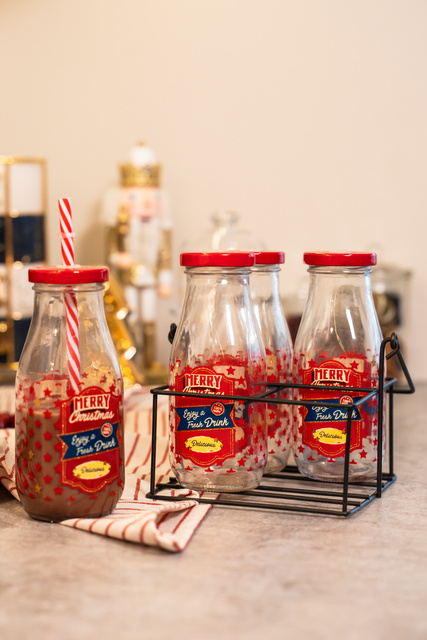 MERRY X-MAS ünnepi készlet: 4x üveg, szívószál, fém állvány, piros