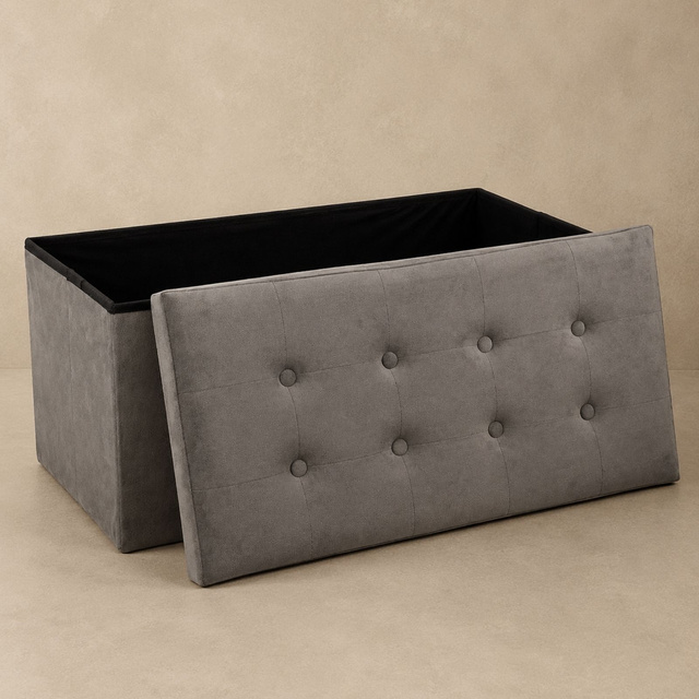 Nagy puff tárolóval és ülőfelülettel, steppelt 76 x 38 x 38 cm, szürke
