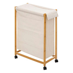 Keskeny, kerekes mosókosár, textil zsák és bambusz keret, 55 x 28 x 80 cm
